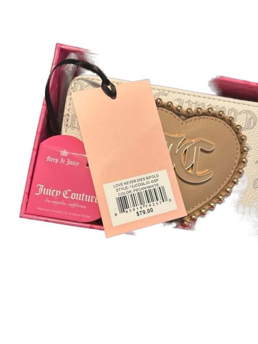 Juicy Couture Love Never Dies Bifold Wallet in Pecan/White with Logo Heart - Picture 2 of 6
